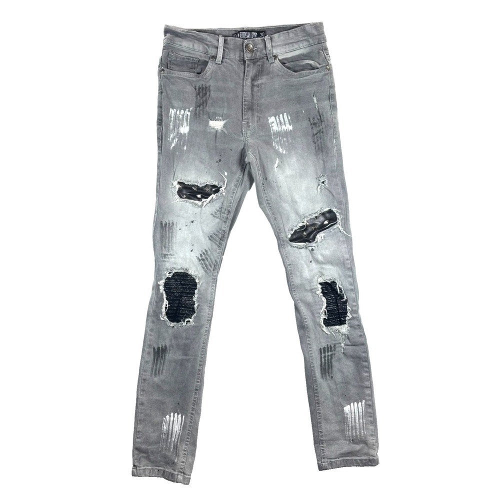 Y2K Grunge Emo Jeans Mens Sz 30 Gray Distressed‎ Thrashed Skinny Stretch Moto